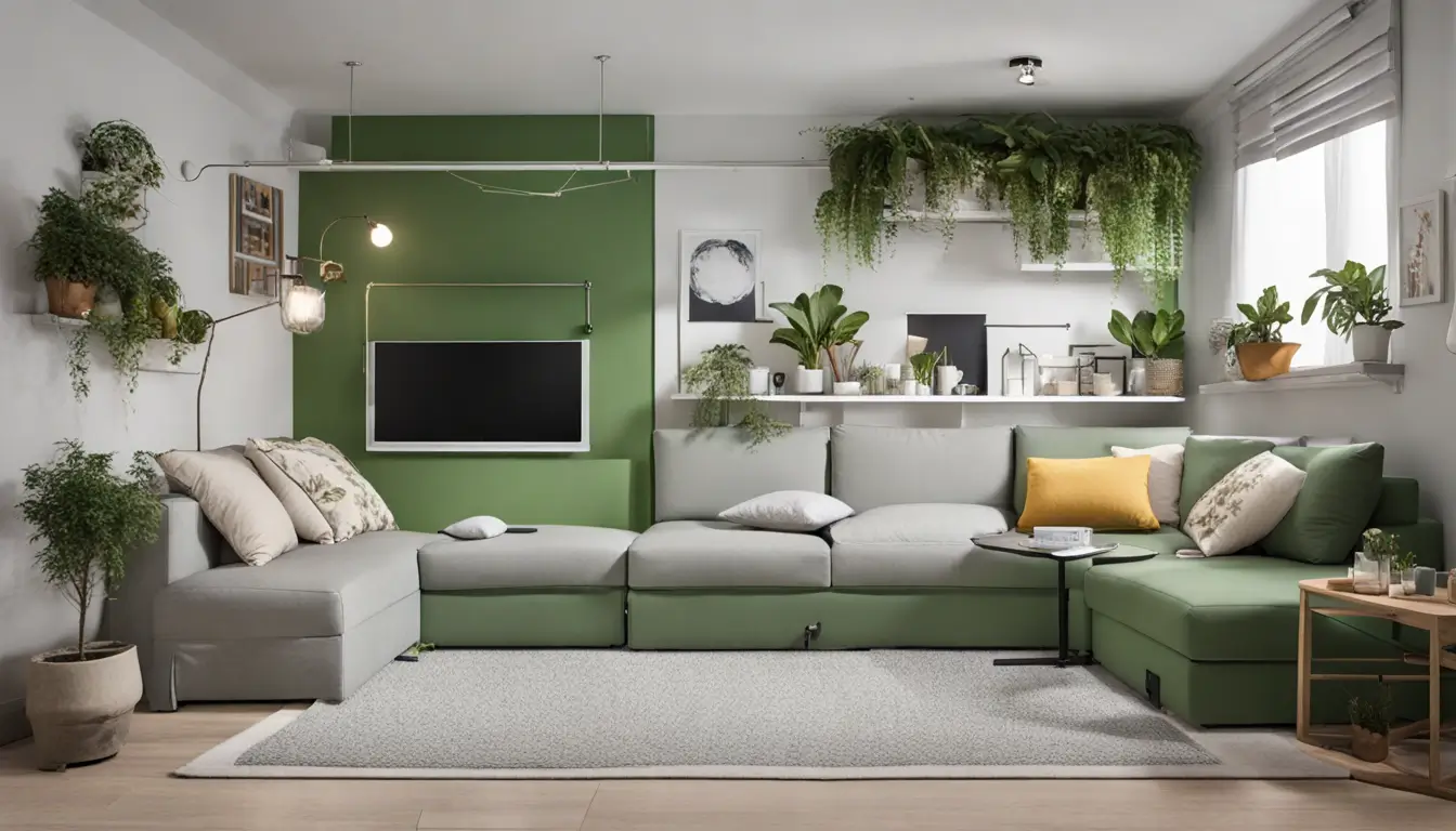 Sala de estar compacta com móveis multifuncionais e organização eficiente para maximizar o espaço, com sofá-cama, prateleiras e plantas.