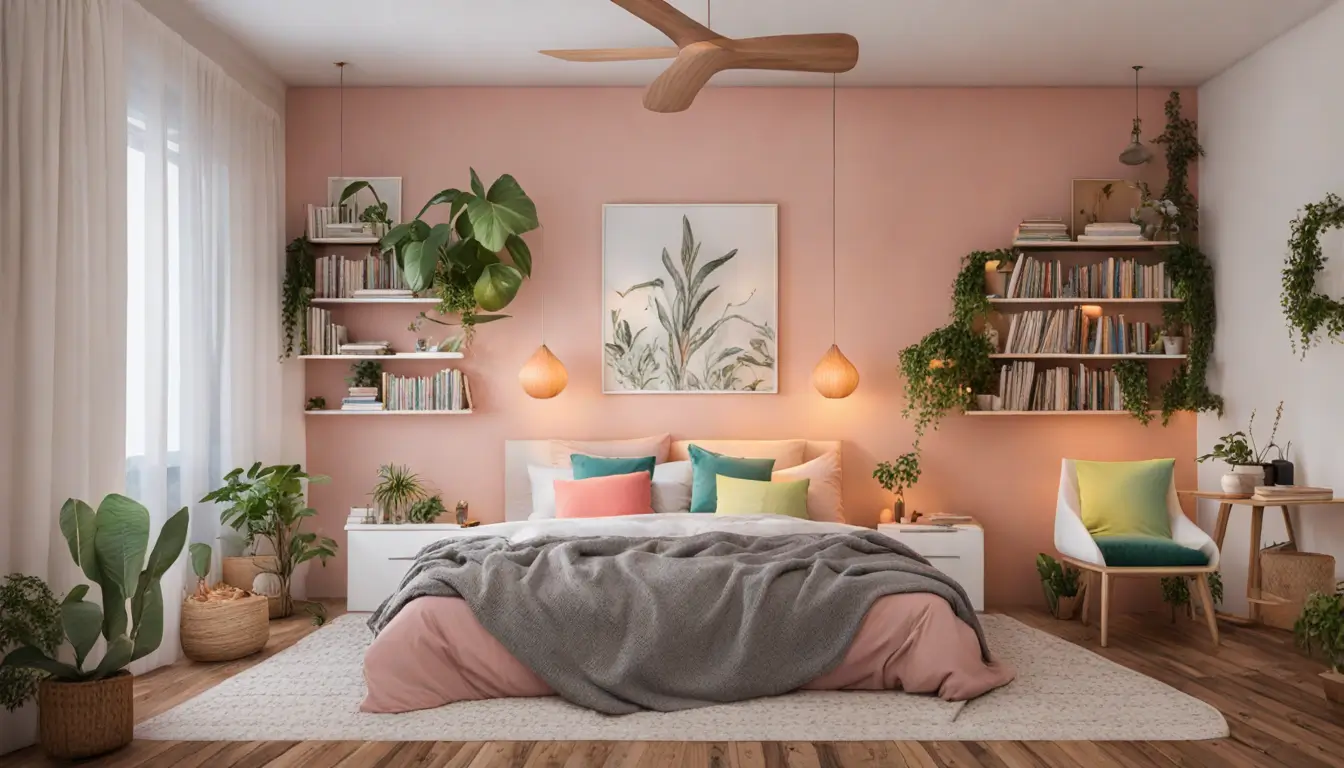 Quarto decorado com cama de casal, prateleiras com plantas, luminárias, livros, tapete barato e cortinas claras, mostrando dicas econômicas de decoração.