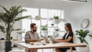 Pessoa negociando o preço de móveis planejados com um vendedor em um escritório moderno, com planta de móveis e laptop sobre a mesa.