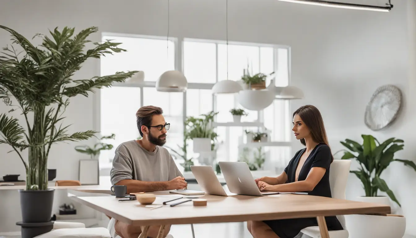 Pessoa negociando o preço de móveis planejados com um vendedor em um escritório moderno, com planta de móveis e laptop sobre a mesa.