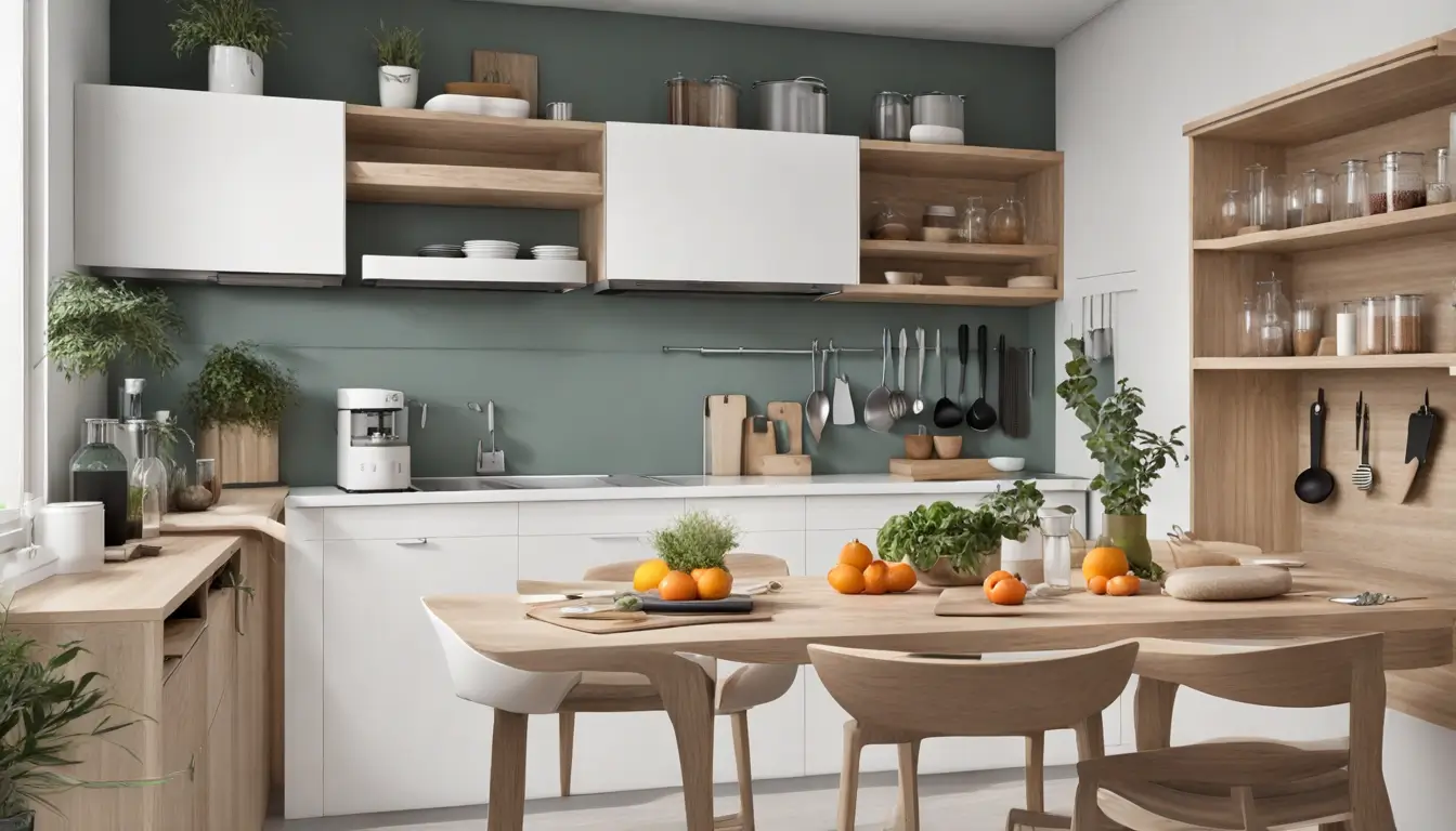 Cozinha moderna organizada com prateleiras brancas, potes transparentes, despensa arrumada, mesa de madeira com caderno e planta em vaso branco.