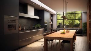 Sala de estar moderna com móveis planejados, incluindo sofá cinza, mesa de centro de madeira clara, estante de livros embutida e luminária de chão preta.