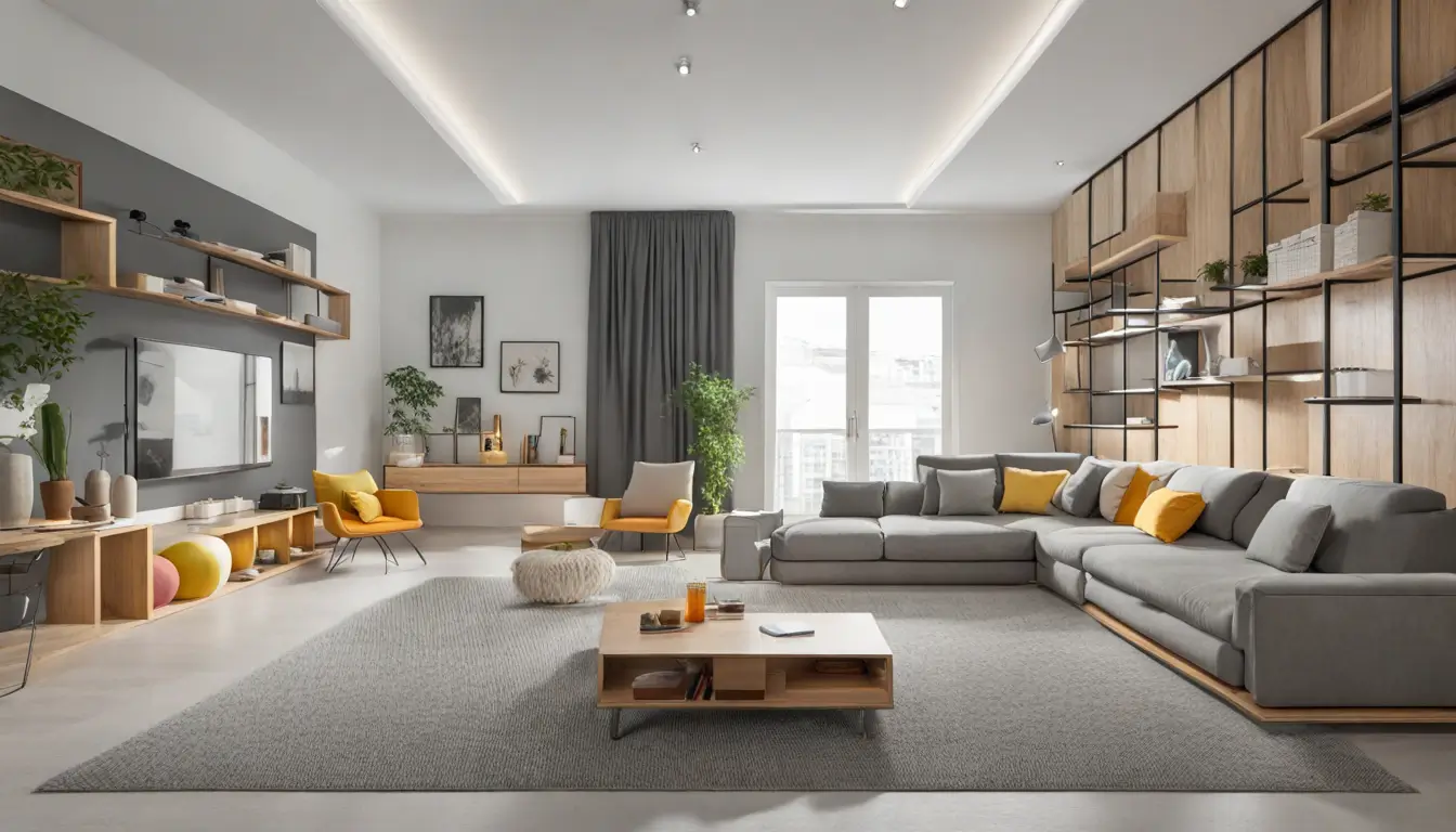 Sala de estar organizada com sofá cinza, mesa de centro de madeira, estante branca com caixas e plantas, tapete azul claro e poltronas amarelas.