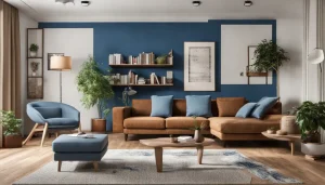 Sala de estar moderna e organizada com sofá de couro marrom, mesa de centro de madeira, poltrona azul, estante de livros e decoração variada.