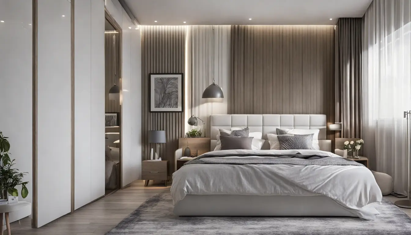 Quarto moderno e organizado com cama queen size, mesas de cabeceira, guarda-roupa grande, janela ampla e decoração acolhedora em tons suaves.