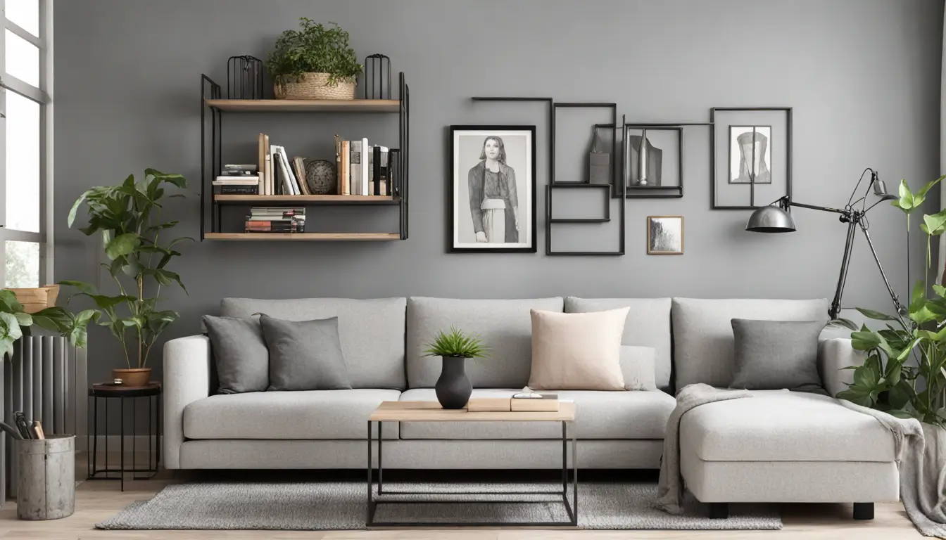 Decoração simples e barata para casas pequenas com sala de estar pequena, sofá cinza, mesa de centro de madeira, planta em vaso, estante de metal e tapete bege.