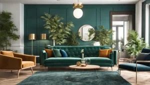 Sala de estar moderna com sofá verde esmeralda, poltrona laranja, tapete azul marinho e almofadas coloridas, mostrando as cores em alta na decoração em 2025.