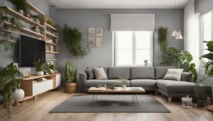 Sala moderna com móveis planejados em Nova Iguaçu, incluindo sofá cinza, mesa de centro de madeira, prateleiras brancas, plantas e luminária de pé.