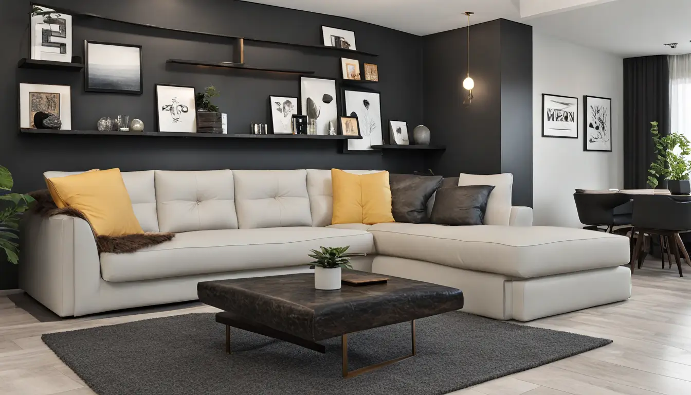 Sala de estar moderna e minimalista com sofá de couro preto, mesa de centro de vidro, estante de madeira clara e grande janela com luz natural.