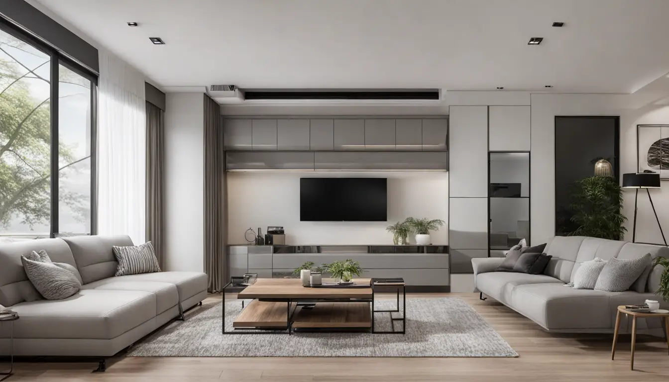 Sala de estar moderna com sofá modular, mesa de centro de madeira, prateleiras embutidas e luminária de chão.